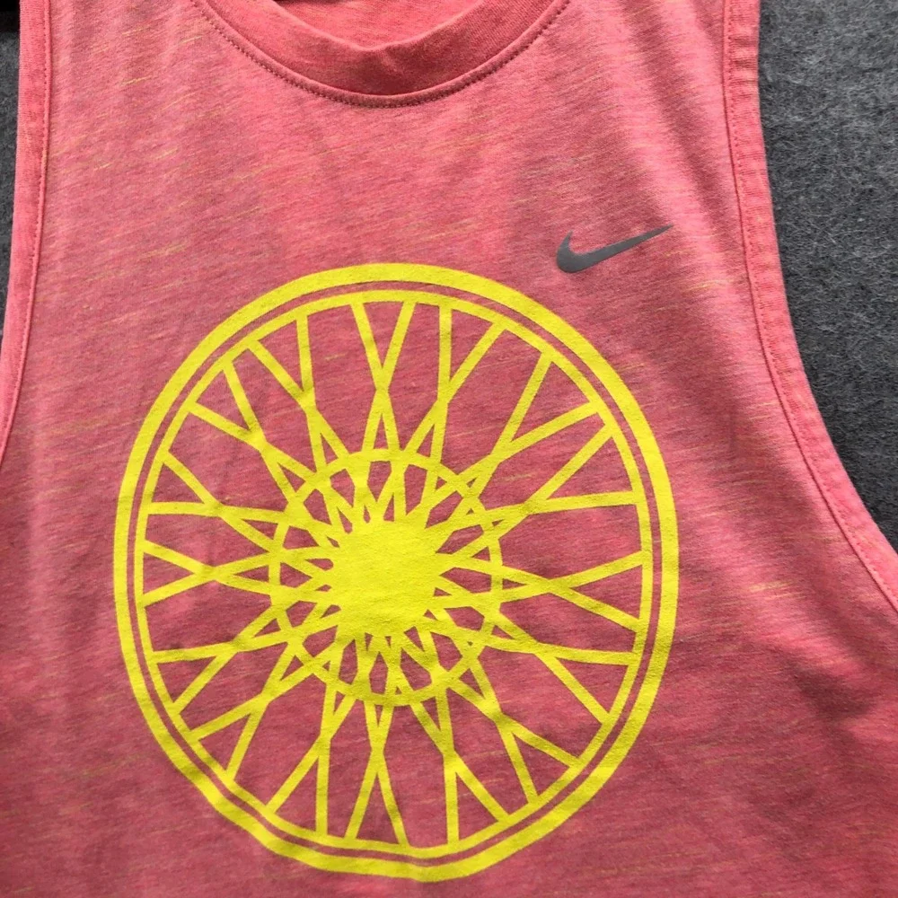 Nike Dri-Fit Running Tank Top Heather Pink Coral Yellow Wheel Graphic Womens XS